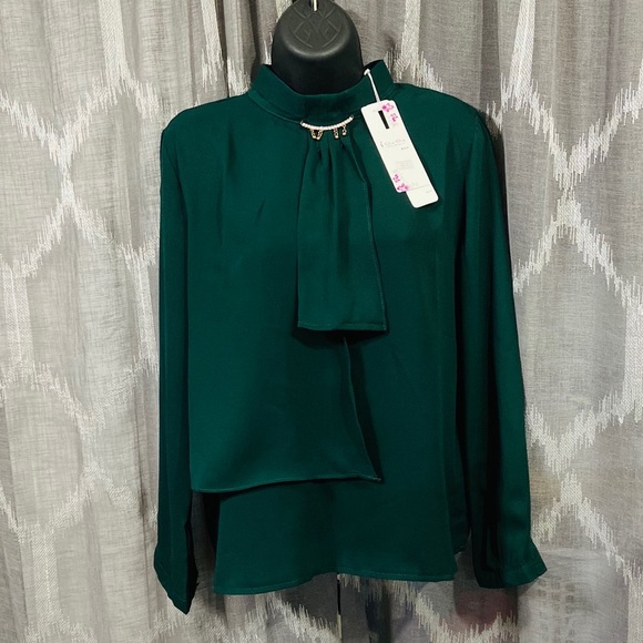 Top Green emerald Blouse Long Sleeve Shirt career statement mock turtleneck y2k - Picture 4 of 6